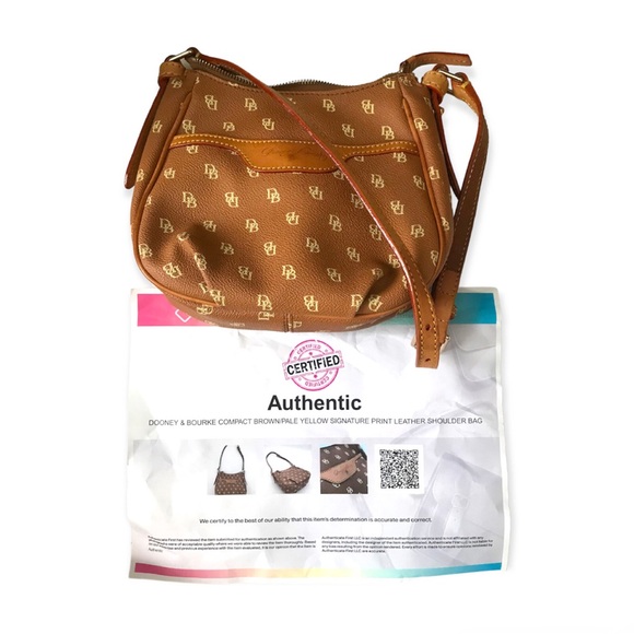 Dooney & Bourke Brown/Pale Yellow Signature Print PVC Tan Leather Small Bag - Picture 4 of 5